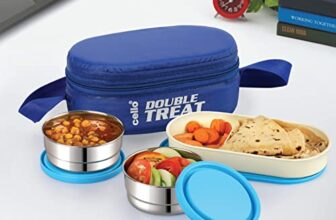 Cello Double Treat Lunch Box With Jacket, 3 Container, (2 Units Round Container – 300 Ml, 1 Unit Oval Container), Blue, Stainless Steel, Plastic